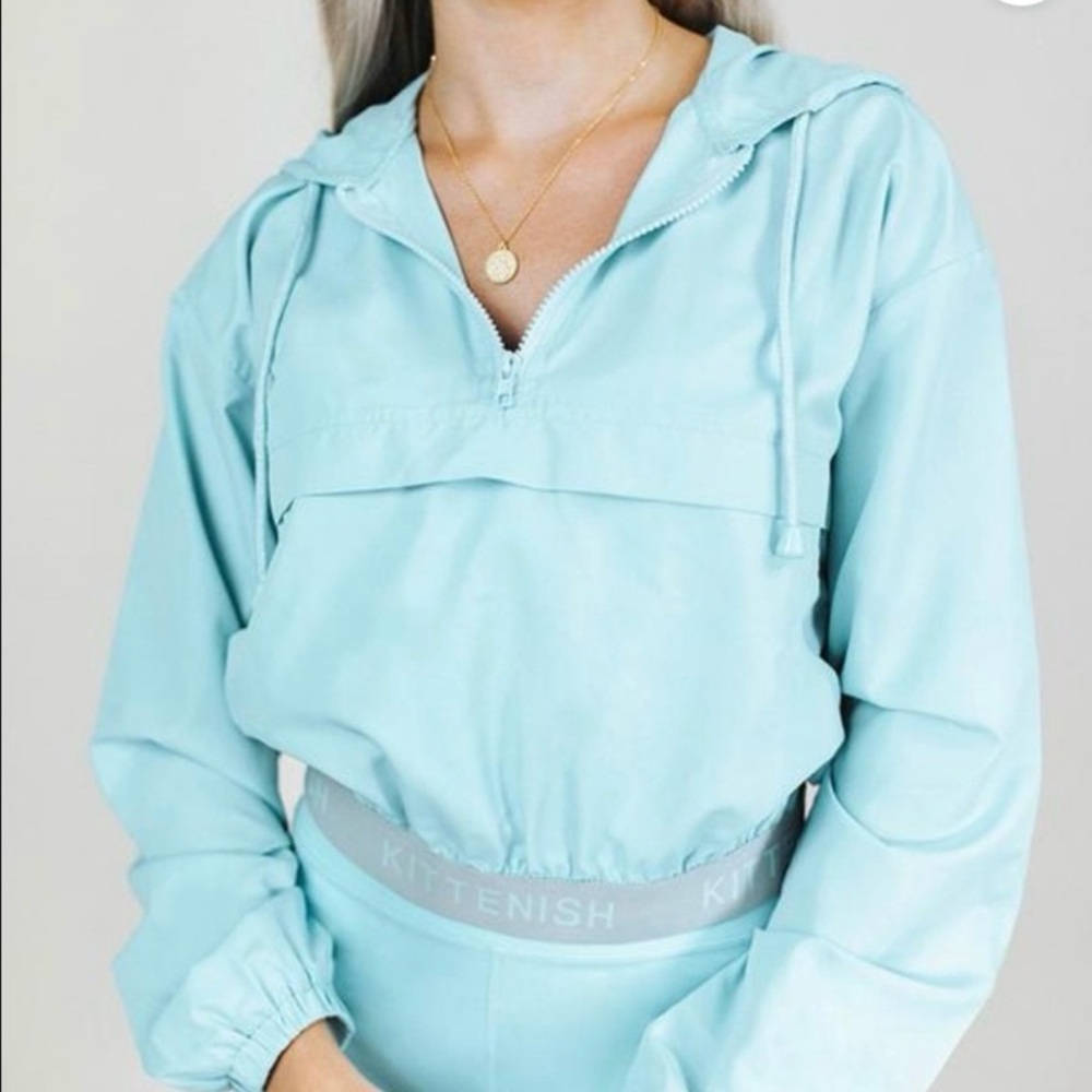 Kittenish Light Blue Windbreaker Pullover Half Zip Hooded Crop Jacket Small